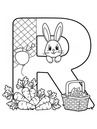 Coloring page with a large letter R, rabbit, picnic basket, and carrots