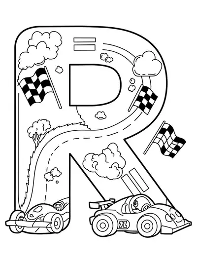 Coloring page with a large letter R and a race car with flags