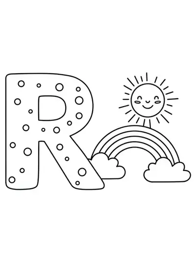 Coloring page with a large letter R, rainbow, sun, and clouds