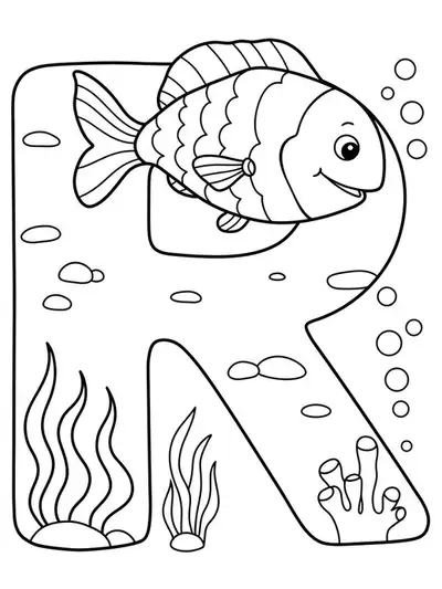 Coloring page with a large letter R, rainbow fish, seaweed, and bubbles