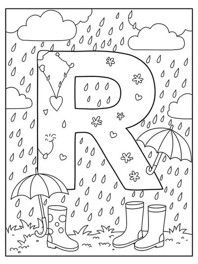 Printable coloring page showing a large letter R with raindrops, clouds, umbrella, and boots