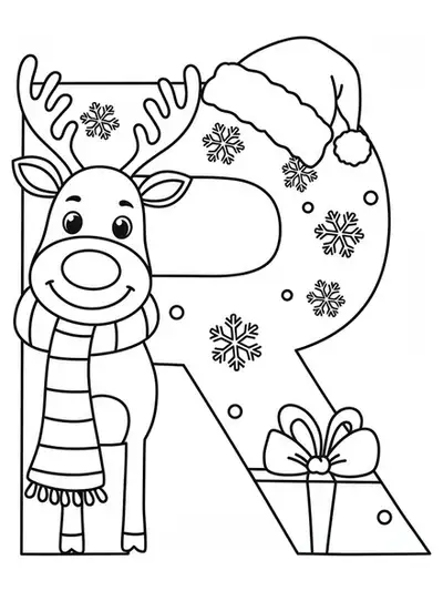 Coloring page with a large letter R, reindeer, snowflakes, and Santa hat