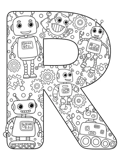Coloring page with a large letter R, cute robots, and simple robot parts