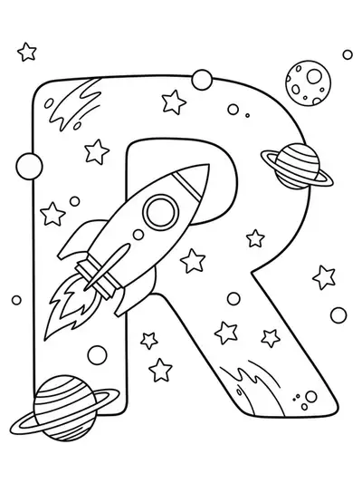 Coloring page with a large letter R, rocket ship, stars, and planets
