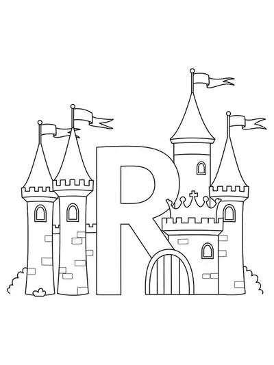 Coloring page with a large letter R, castle towers, and a flag