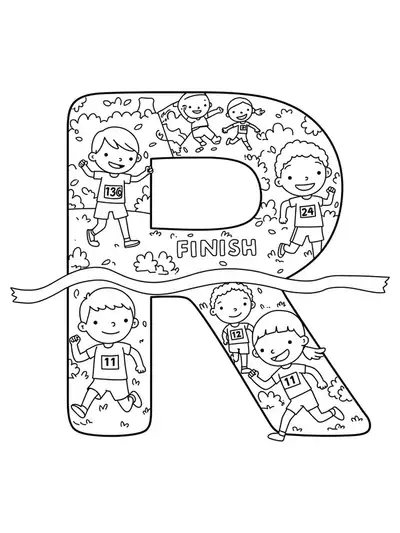 Coloring page with a large letter R, children running, and a race finish line