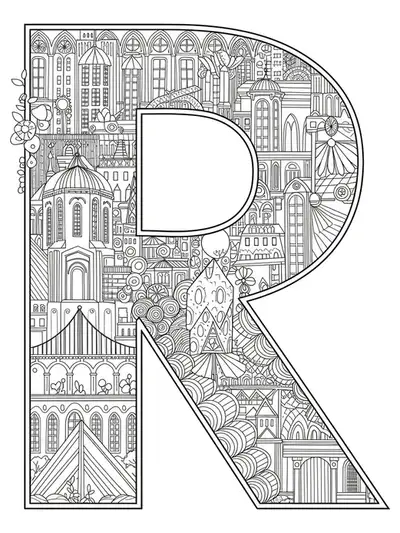 Letter R composed of a dense, detailed cityscape with buildings, bridges, and intricate architectural features for adult coloring.