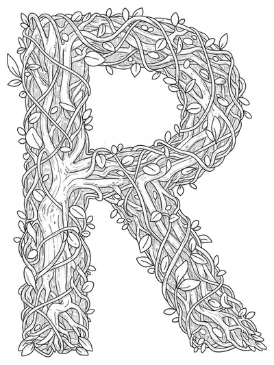 Letter R formed by an intricate labyrinth of vines, roots, and botanical elements for detailed adult coloring.