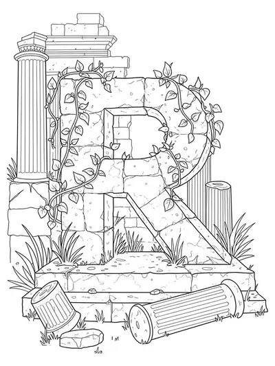 Letter R made of stone blocks with ancient ruins, columns, and vines, medium detail for teens