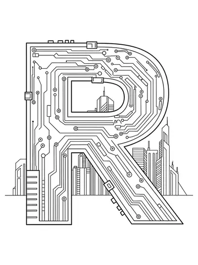 Letter R with cyberpunk circuit patterns and futuristic skyscrapers, medium detail for teens