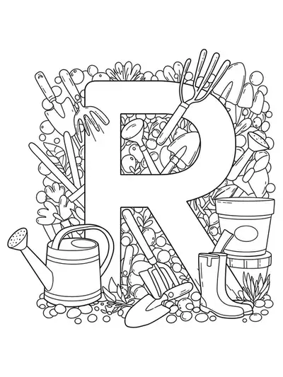 The letter R with garden tools like watering cans and trowels in large, simple outlines for easy adult coloring.