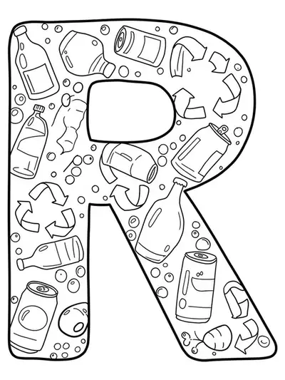 The letter R with simple recycled items like bottles and arrows, easy for adults to color.