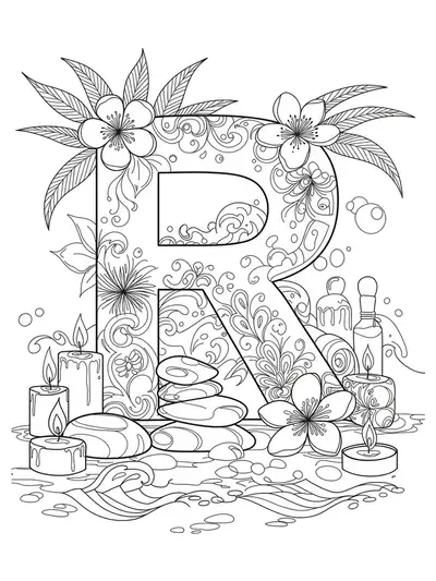 The letter R surrounded by simple spa elements like candles, stones, and peaceful waves, easy for adults to color.