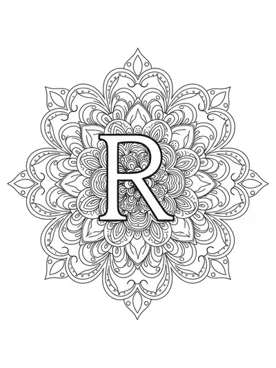 The letter R outlined with large, simple mandala accents, easy for adults to color.