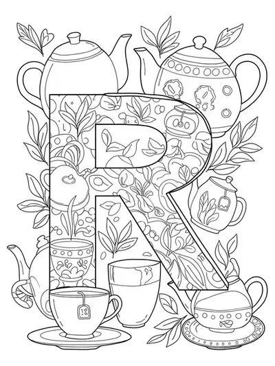 The letter R with teapots, cups, and tea leaves in simple outlines, easy for adults to color.