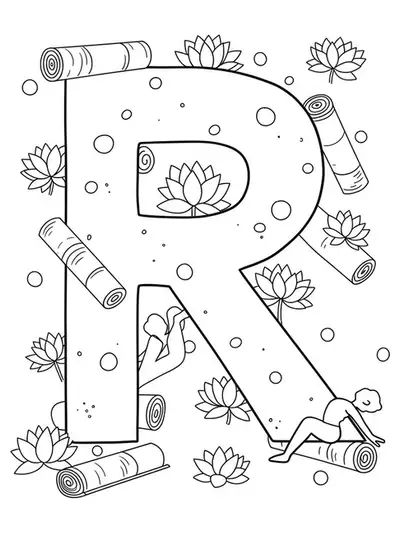 The letter R with yoga mats, lotus flowers, and basic yoga poses in simple outlines, easy for adults to color.
