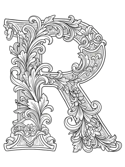 Letter R with renaissance scrollwork, floral motifs, and decorative frames, medium detail for teens
