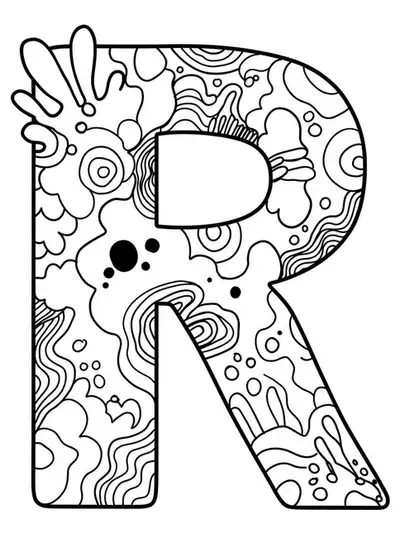 Letter R with 90s graffiti patterns and bubble lettering, medium detail for teens