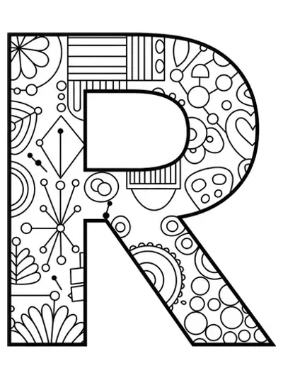 The letter R decorated with retro patterns like circles and wavy lines, simple and easy to color.