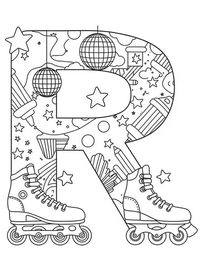 Letter R with roller skating tracks, skates, and disco balls, medium detail for teens