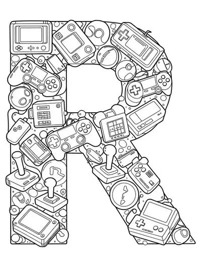The letter R with large pixelated shapes, joysticks, and video game consoles in simple outlines for adult coloring.