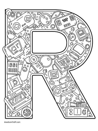 Letter R with retro video game pixel art, controllers, and icons, medium detail for teens