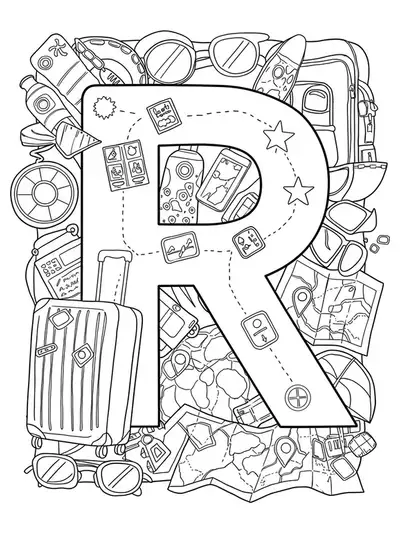 The letter R with simple drawings of suitcases, sunglasses, and maps, easy to color for adults.