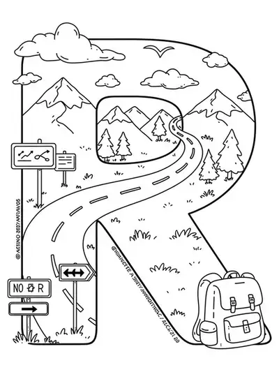 Letter R with road trip items like highway, signs, and backpack, medium detail for teens