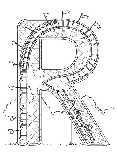 Letter R formed as a roller coaster track with carts and flags, medium detail for teens