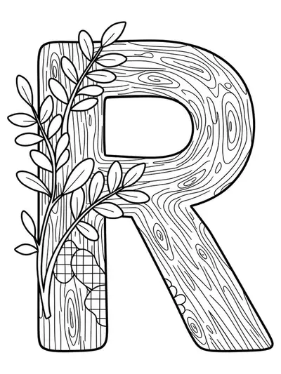 The letter R with wood grain patterns, leaves, and checkered designs, simple lines for easy coloring.