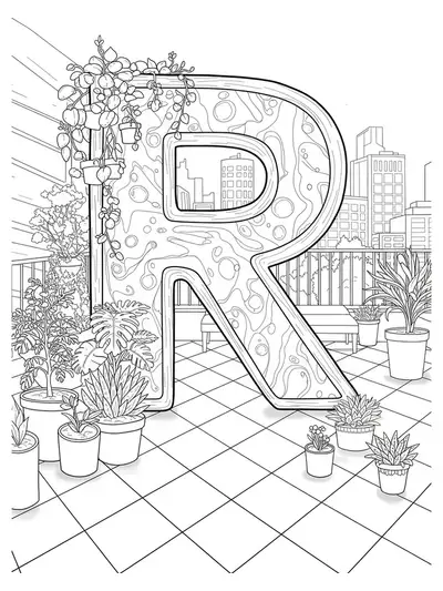 Letter R set in a rooftop garden with plants, city skyline, and seating, medium detail for teens