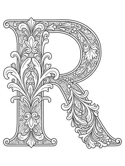 Letter R embellished with ornate Renaissance-style filigree and swirling floral motifs for intricate adult coloring.