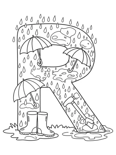 Medium-detail line art coloring page of the letter R with umbrellas, raindrops, boots, and puddles
