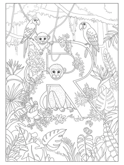 Line art coloring page of the letter R with rainforest elements like trees, monkeys, and parrots