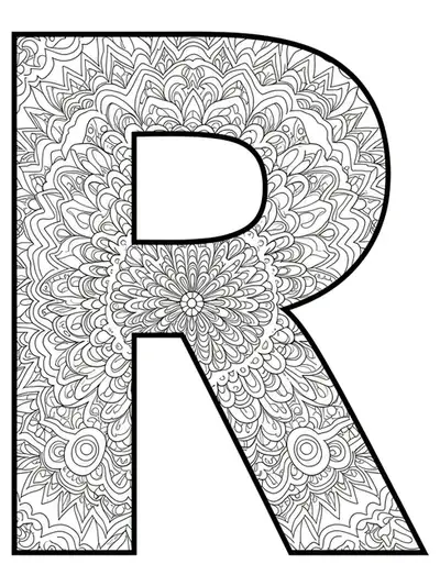 Complex Art Deco mandala design forming the letter R with intricate geometric patterns for adult coloring.