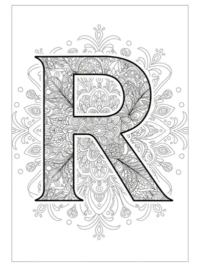 Letter R filled and surrounded by bohemian mandala patterns, medium detail for teens