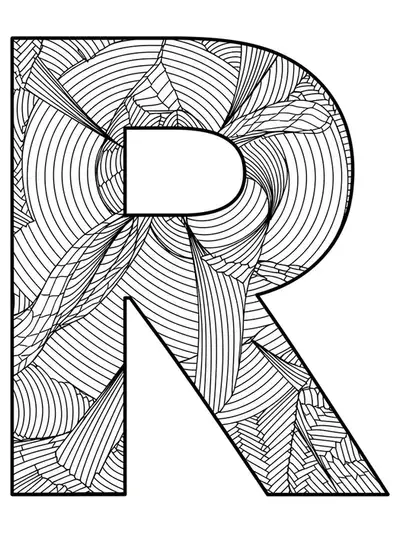 Letter R designed with detailed optical illusion tessellations and interlocking geometric patterns for adult coloring.