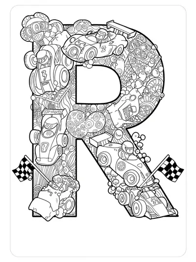 Intricate coloring page of the letter R with race cars, flags, and checkered patterns for preschoolers