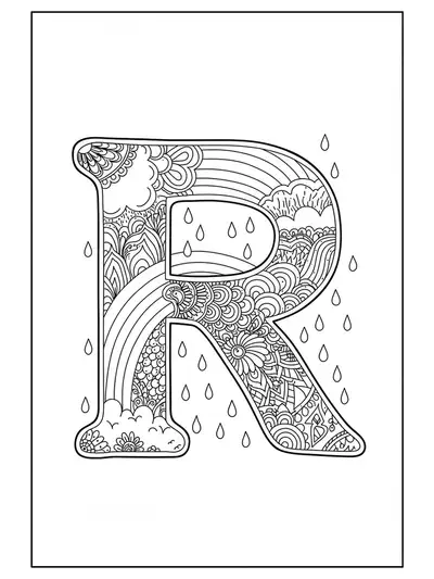 Intricate coloring page of the letter R, rainbow with patterns, and detailed raindrops for preschoolers