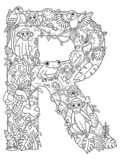 Intricate coloring page of the letter R with rainforest animals and detailed foliage for preschoolers