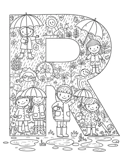 Intricate coloring page of the letter R with kids in raincoats, umbrellas, and puddles for preschoolers