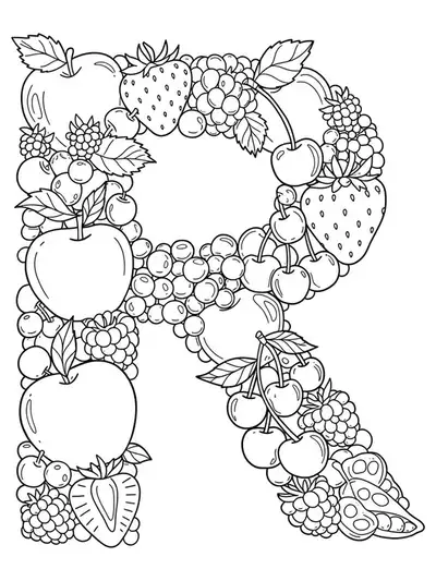 Intricate coloring page of the letter R with detailed red fruits like strawberries and cherries for preschoolers