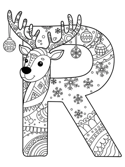 Intricate holiday coloring page of the letter R with a reindeer, ornaments, and snowflakes for preschoolers