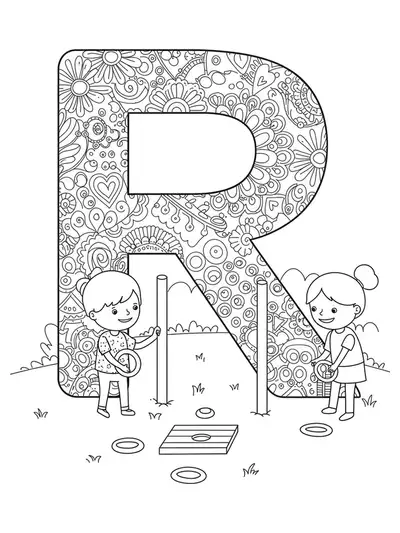 Intricate coloring page of the letter R with kids playing ring toss game for preschoolers