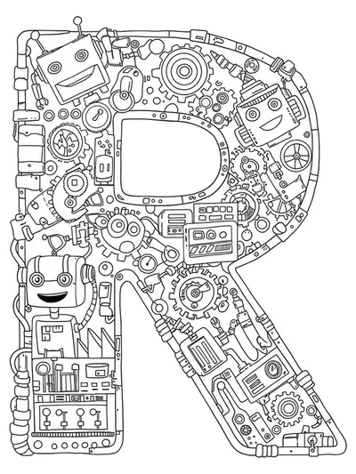 Detailed coloring page with the letter R, robots, gears, and factory machines for preschoolers