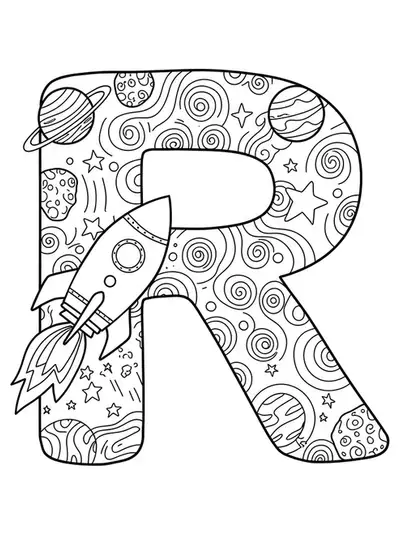 Detailed coloring page of the letter R with a rocket ship, planets, and stars for preschoolers
