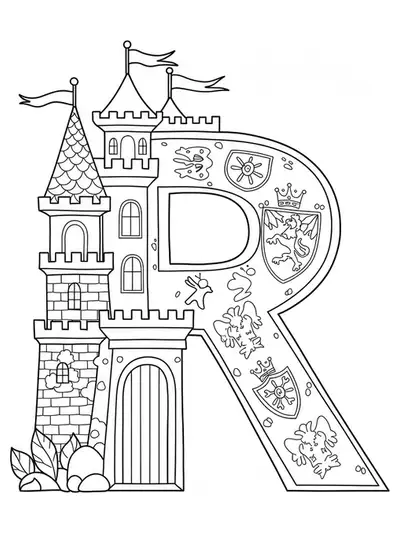 Detailed coloring page of the letter R with a royal castle and flags for preschoolers