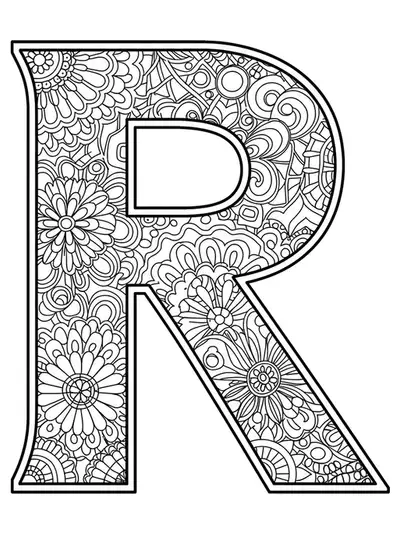 Letter R shaped by intricate stained glass mosaic patterns with fine borders and fragment details for adult coloring.