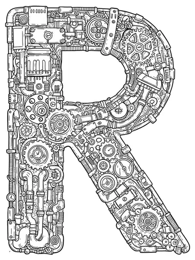 Letter R designed with detailed steampunk gears, pipes, and clockwork elements for advanced adult coloring.