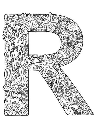 Intricate coral reef and marine patterns merging to form the letter R, intended for adult coloring.